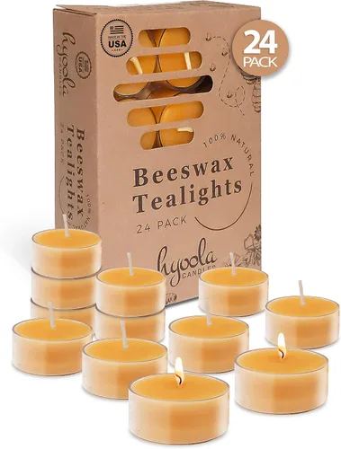 Vista 12 de Hyoola Velas de té de cera de abeja blanca pura, hechas a mano, decorativas sin perfume, velas de té, 4 horas de tiempo de combustión, taza Blanco