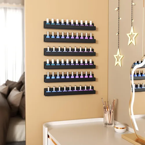 Vista 7 de NIUBEE Paquete de 6 estantes para esmalte de uñas, estante montado en la pared con inserciones de extremo antideslizantes extraíbles, organizador