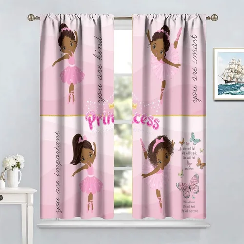 Vista 4 de YCness Cortinas afroamericanas para niños, tratamientos de ventana de niña negra afro para dormitorio, lindas cortinas de bailarina bailarina rosa