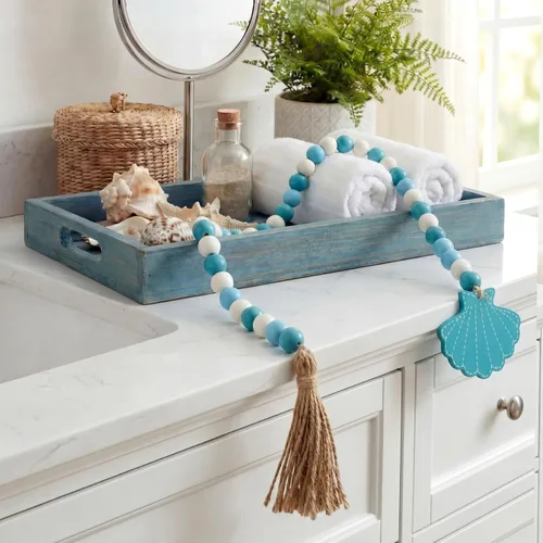 Vista 7 de Janinka Guirnalda de cuentas de madera con borlas, decoración costera Azul