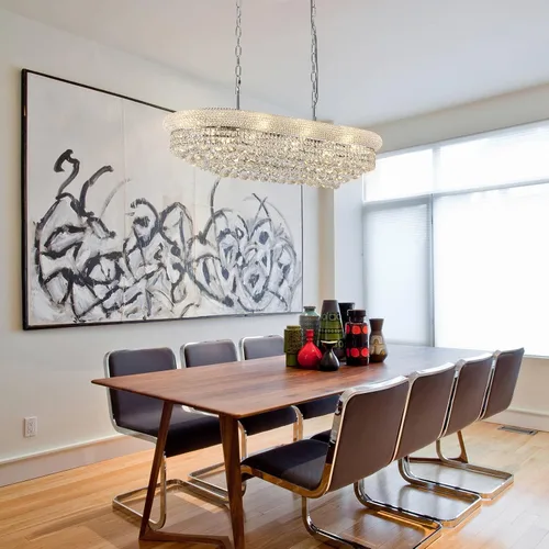 Vista 4 de Candelabros rectangulares de cristal para comedor, 10 luces de altura ajustable, lámpara de techo ovalada de cristal para isla de cocina, acabado