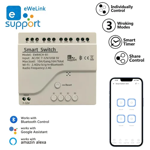 Vista 2 de Jane Eyre eWeLink - Interruptor inteligente inalámbrico de 4 canales USB 5V/AC/DC 7V-32V Smart WiFi Relay Switch Module con funda, emparejamiento