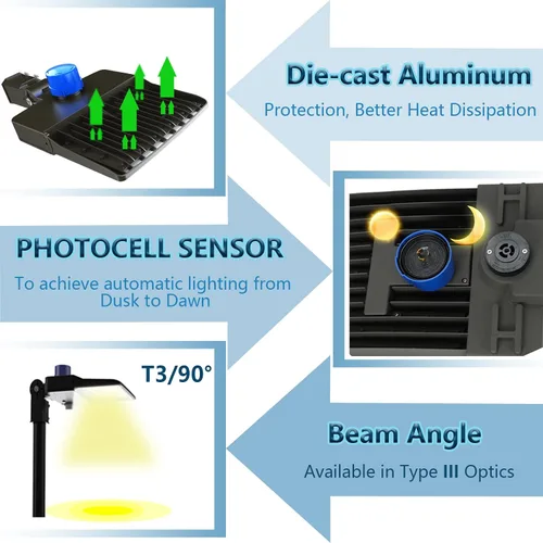 Vista 2 de Luz LED de estacionamiento de 100 W con fotocélula y soporte de brazo ajustable, 14000 lúmenes 5000 K, atenuación de 0-10 V para exteriores