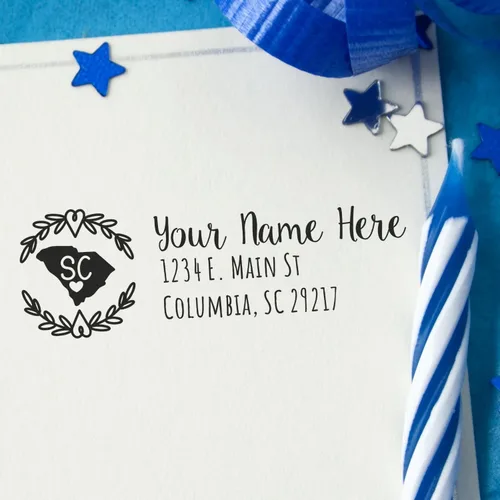 Vista 30 de State of Alabama Wreath Duo Hand Address Stamp - Personalized Rubber Stamp Montaje manual Duo
