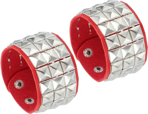 Vista 7 de MECCANIXITY 2 pulseras punk de cuero de 8.7 pulgadas/8.7 in en capas de remaches cuadrados, pulseras