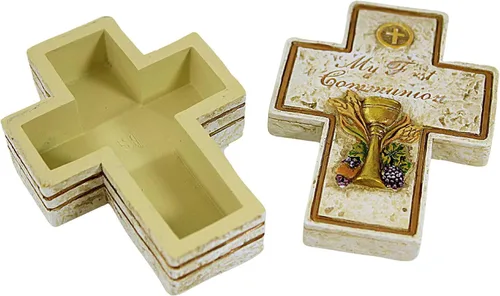Vista 3 de My First Communion - Caja de recuerdo de piedra de resina en forma de cruz de 2.5 x 3.5 pulgadas