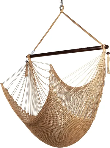 Vista 11 de Larga silla hamaca grande caribeña con reposapiés, 48 pulgadas, poliéster, silla de colgar., Mocha