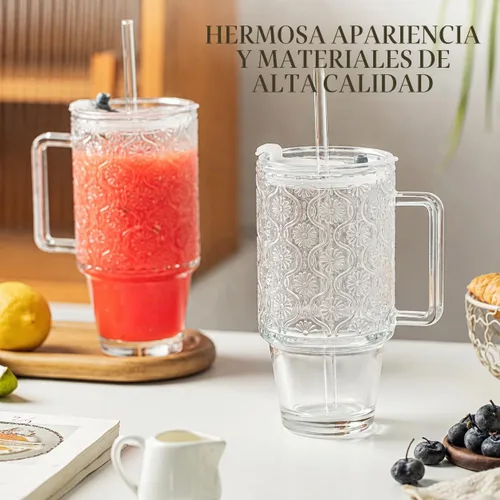 Vista 7 de KEMORELA Vaso de vidrio acanalado de 24 onzas con asa y tapa, tazas de café 24oz-Begonia