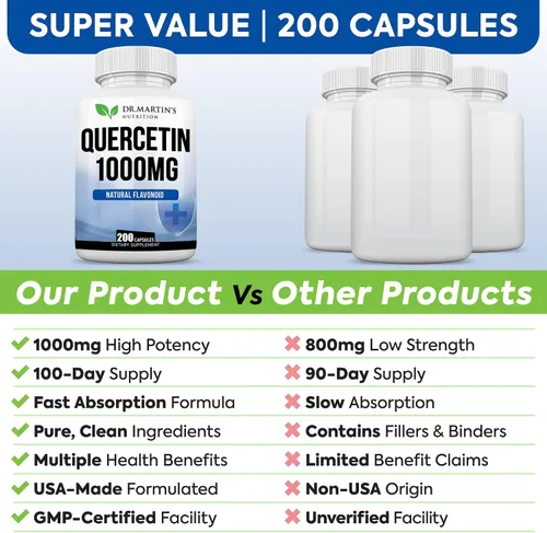 Vista 5 de Quercetina de 1000 mg - 200 cápsulas Apoyo inmunológico, antioxidante para alivio estacional de los senos nasales y salud cardiovascular