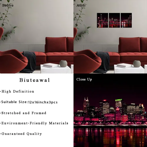 Vista 6 de Biuteawal 3 paneles de Chicago Skyline Wall Art Chicago City Night View Picture Canvas Print Black and Red Cityscape Poster Photo Painting Modern