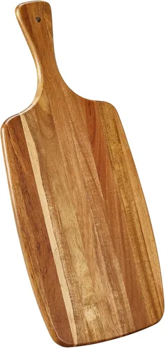 Vista 10 de Tabla de cortar redonda de madera de acacia con asa - Tabla de charcutería de madera, tabla de cortar y servir versátil para pizza, pan, queso