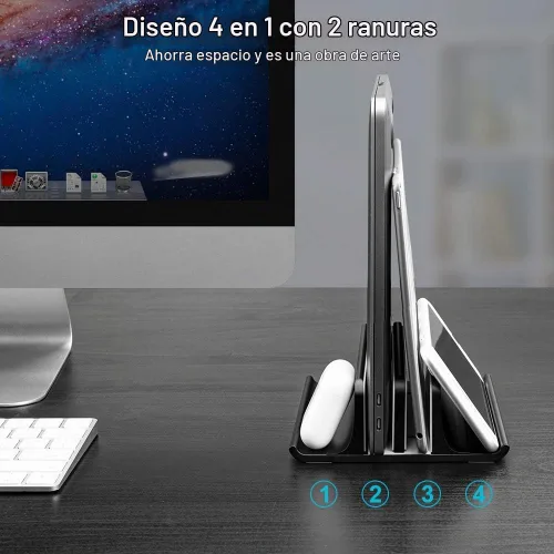 Vista 2 de Vaydeer Soporte vertical doble ajustable para computadora portátil, nuevo diseño, 2 ranuras de aluminio, soporte doble para Negro