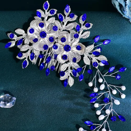 Vista 8 de Diadema nupcial con peine para el cabello - Diadema de boda para novias (azul)