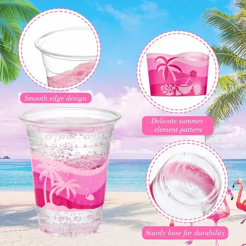 Vista 3 de Rtteri 100 vasos Luau de 12 onzas, vasos de plástico hawaiano tropical para fiesta, a granel, vasos desechables de palmera de coco y coco