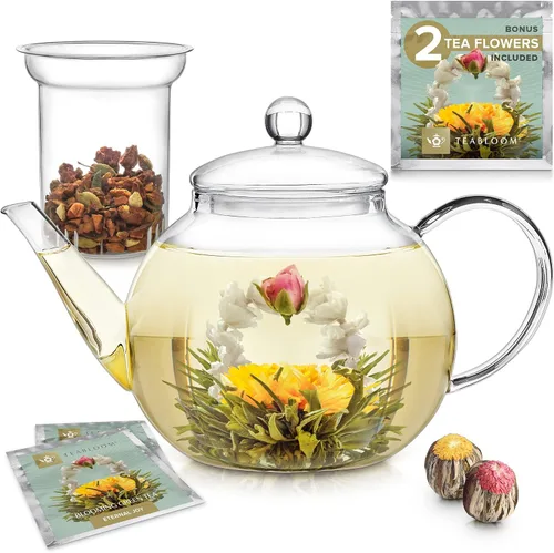 Vista 10 de Tetera de vidrio Teabloom segura para estufa y microondas con infusor de té de vidrio extraíble – Incluye 2 tés florecientes – Hervidor de té