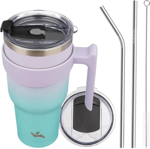 Vista 13 de Konokyo - Vaso de 10 onzas con asa y 2 popotes, 2 tapas, botella de agua aislada de acero inoxidable, taza de viaje reutilizable, color verde militar