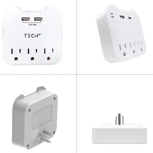 Vista 3 de Protector contra sobretensiones de salida de pared con puertos USB, extensor de 3 salidas con 2 puertos USB (1 USB-C) - Regleta de alimentación
