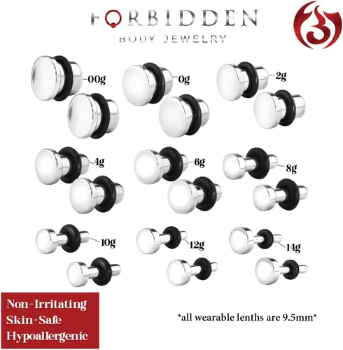 Vista 2 de Forbidden Body Jewelry Aretes de acero quirúrgico de cabeza plana, juego de tapones sólidos (pares) 0.49oz0.42oz0.35oz0.28oz0.21oz0.14oz0.07oz0.00oz