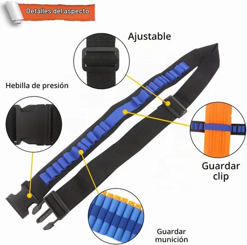 Vista 2 de Carrillera EKIND para munición de pistola de juguete, dardos, para pistolas Elite Nerf N-strike Blasters, 100 Correa de hombro azul negro