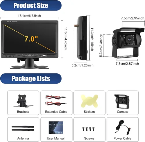 Vista 7 de CAMECHO Cámara de respaldo inalámbrica de 7 pulgadas para camión, monitor de cámara de visión trasera HD 1080P, cámara de visión nocturna de 18 LED