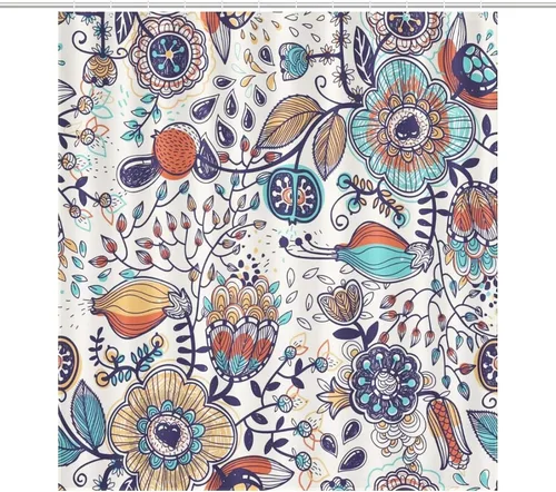 Vista 19 de Cortina de ducha con 12 ganchos para baño, 72 x 72 pulgadas, diseño floral bohemio con hojas tropicales retro y florales (bohemio floral-1)