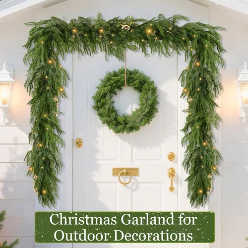 Vista 5 de Guirnalda de Pino Norfolk de Navidad Preiluminada con 30 Luces LED, 8 Modos y Temporizador, 6 Pies por 10 Pulgadas, Tacto Real, 80 Pinos Norfolk