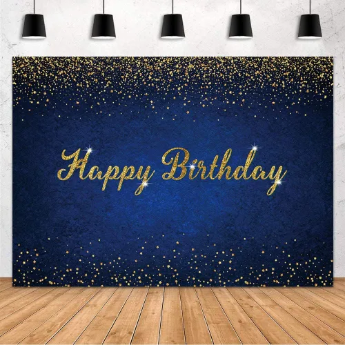 Vista 2 de MEHOFOND Telón de fondo azul y dorado de feliz cumpleaños con puntos dorados con purpurina azul real para mujeres, hombres y niños, decoración