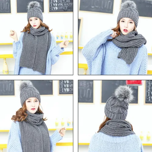 Vista 6 de KRATARC Conjunto de gorro de punto para mujer de forro polar con pompones