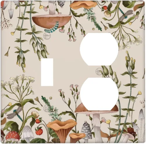 Vista 111 de Placa de Pared en Blanco de 1-Gang Sin Dispositivo Beige Lindo Vintage Boho de los 70s Hongo Fungus Planta Floral Botánica Libélula Interruptor