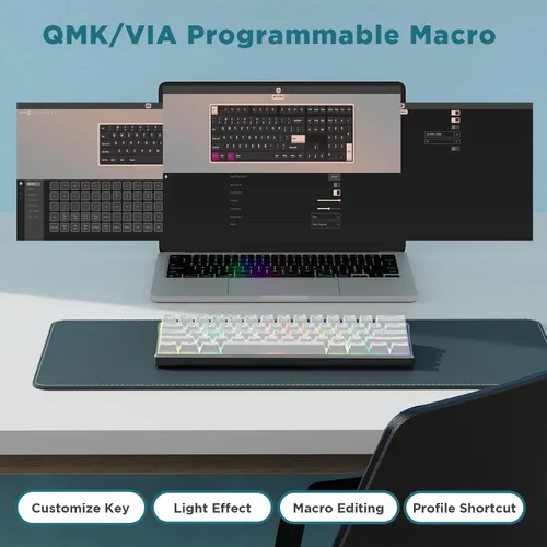 Vista 7 de RK ROYAL KLUDGE Teclado mecánico 60% RK61 Pro, marco de aluminio con teclado para juegos con cable, retroiluminación RGB programable, 61 teclas