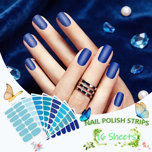 Vista 2 de 8 hojas de esmalte de uñas azules para mujer, calcomanías de esmalte de uñas de color sólido con purpurina para pegar en tiras de esmalte de uñas