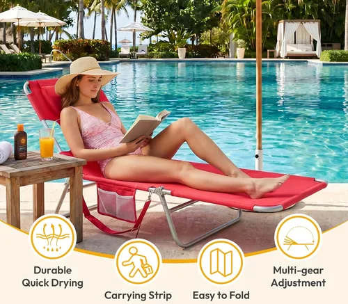 Vista 3 de Silla de bronceado solar con agujero facial, sillas reclinables de playa Rojo