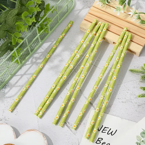 Vista 3 de Whaline 100 popotes de papel desechables con diseño de flores verdes para primavera, verano, cumpleaños, baby shower, suministros de fiesta, jugos