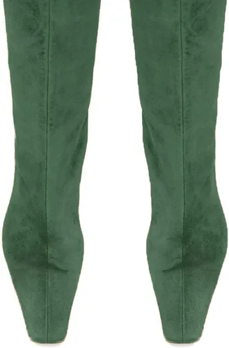 Vista 4 de MOOMMO Botas altas de tacón de gatito sobre la rodilla para mujer, punta cuadrada, de cuero mate, de meter de pantorrilla ancha, plisadas, tacón