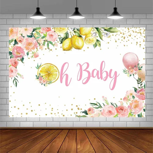 Vista 3 de SENDY Telón de fondo de baby shower de limón de 7 x 5 pies, suministros de decoración de fiesta de bebé para niña, globo rosa, floral, dorado