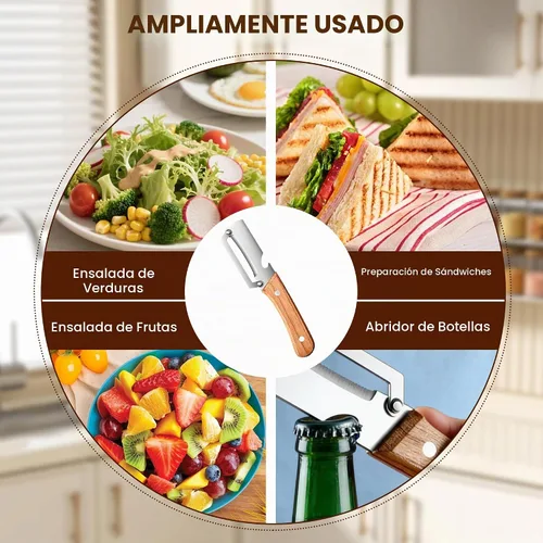 Vista 7 de Nuevo pelador de verduras multifuncional para cocina, con mango de madera y abridor de botellas, hoja de acero inoxidable ultra afilada para frutas