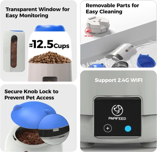 Vista 4 de PAPIFEED Comedero Automático para Gatos, Dispensador de Comida para Gatos WiFi de 2.4G con Control de Aplicación, Comedero Automático para Mascotas