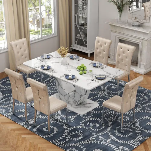 Vista 8 de Moderno juego de mesa de comedor de mármol sintético para 4, mesa de cocina rectangular blanca de 63 pulgadas con elegante base de pedestal
