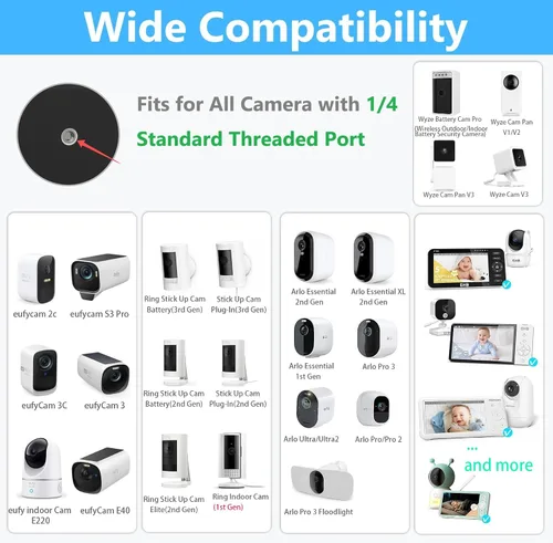 Vista 2 de Soporte de abrazadera para cámara Arlo Pro 5S/Pro 4/Pro 3/Pro 2/Essential/eufy/AOSU/Reolink y más cámara de tornillo de 1/4 pulgadas
