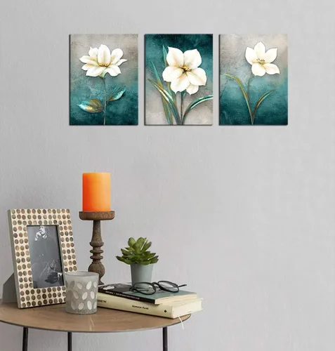 Vista 6 de Lienzo decorativo para pared, diseño floral blanco crema, fondo turquesa, fondo gris azulado, cuadro de arte moderno rústico, baño, dormitorio, sala
