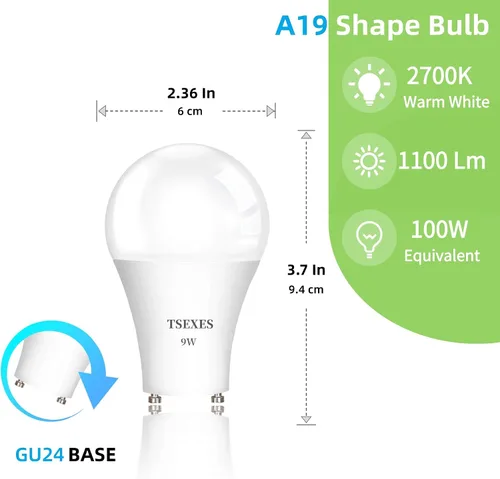 Vista 2 de TSEXES Bombilla LED GU24, 9 W (equivalente a 100 vatios), 1100 lúmenes, no regulable, forma A19 de 2 puntas, 2700 K blanco cálido, paquete de 4