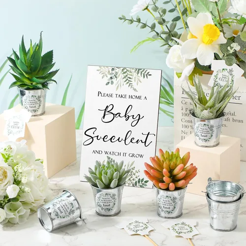 Vista 5 de Fulmoon 151 piezas de regalos de baby shower para invitados incluyen 1 letrero de vegetación, 50 etiquetas de reloj para suculentas, 50 cubos