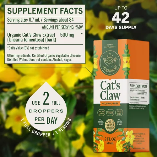 Vista 3 de HERBAMAMA Tintura de garra de gato – Suplemento vegano de extracto de uña de gato para apoyo inmunológico – Gotas Uncaria Tomentosa sin OMG, sin