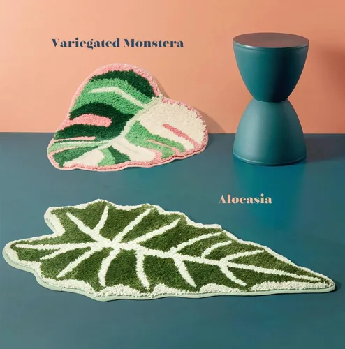 Vista 3 de Alfombra de baño de hoja de Monstera abigarrada, con forma de Monstera tropical, bonita alfombra de baño para decoración de baño, alfombra estética