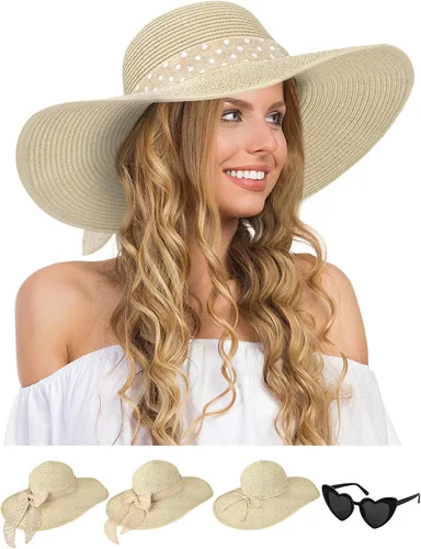 Vista 14 de Sombreros de paja Sun Beach para mujer, sombrero de ala ancha de verano 2-Beige