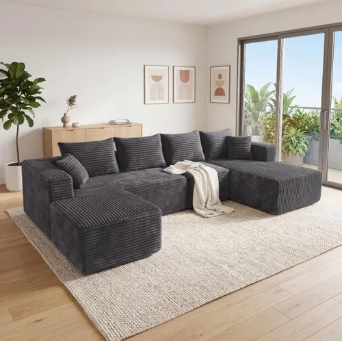 Vista 27 de Sofá otomano modular de pana de 28 pulgadas sin hueso, sofá otomano seccional para sala de estar, color beige