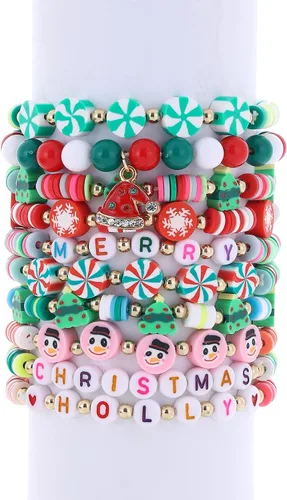 Vista 6 de Taouzi 10 pulseras de Navidad para mujer, pulseras elásticas apilables de Navidad, con copos de nieve, regalos de Navidad para mujeres y niñas