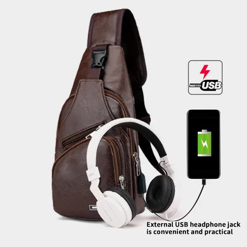 Vista 4 de Bolso bandolera de cuero para hombre, bolso lateral cruzado para hombre, mochila de hombro con agujero para auriculares