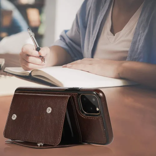 Vista 5 de LUVI Funda con tarjetero para iPhone 11 Pro con correa para el cuello, cadena cruzada, correa de muñeca, funda protectora con ranura para tarjeta
