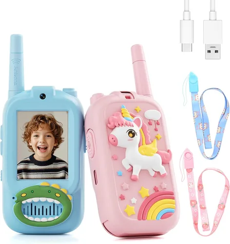 Vista 8 de Walkie Talkies de video para niños, paquete de 2 walkie talkies para niños con bonita cubierta de silicona, cambiador de voz, rango de 1000 pies